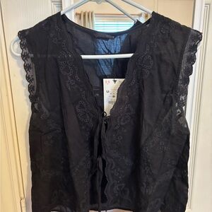 Zara Black Lace Tie-Front Blouse